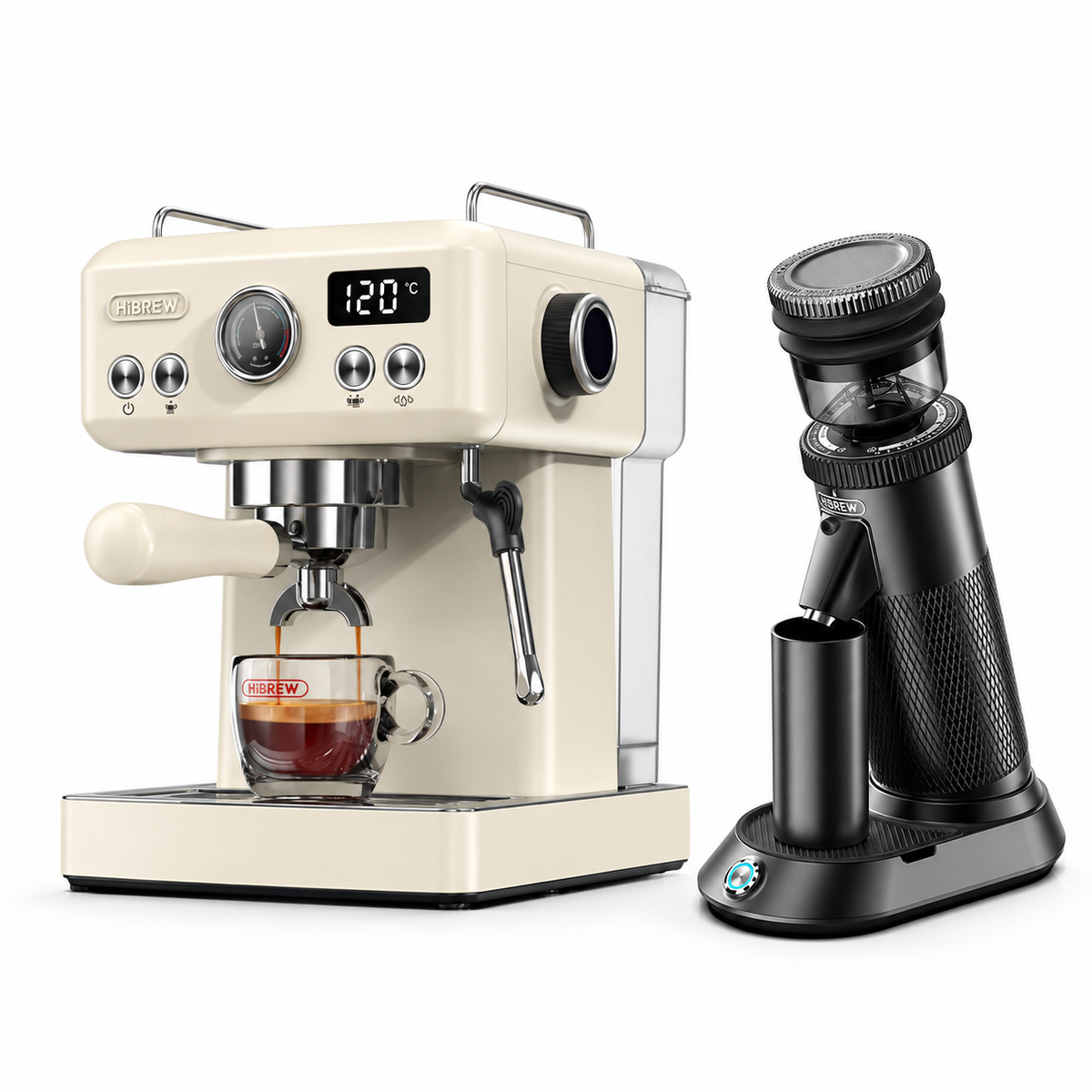 H10A beige espresso machine with G5 BLACK grinder on a white background