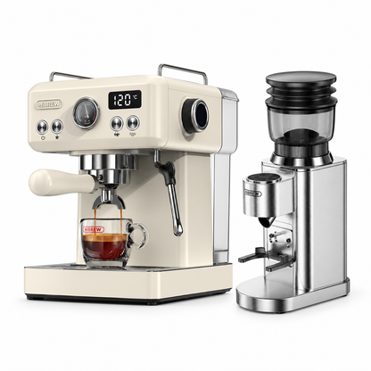 H10A beige espresso machine with G7 SILVER grinder on a white background