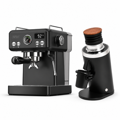 H10A black espresso machine with DF64 BLACK grinder on a white background