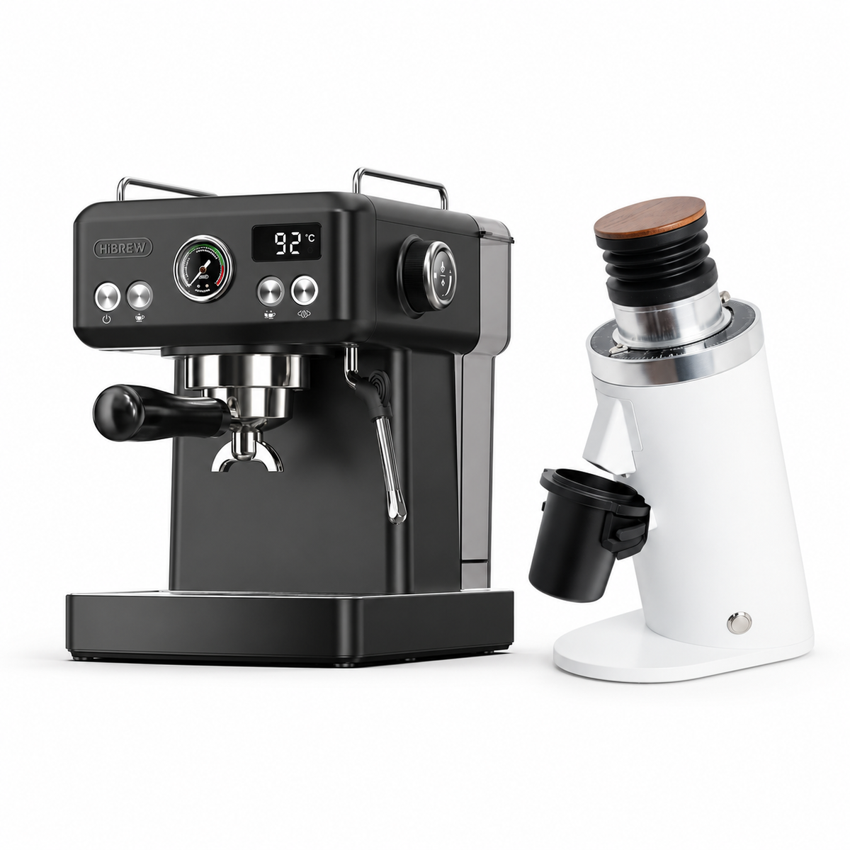 H10A black espresso machine with DF64 WHITE grinder on a white background