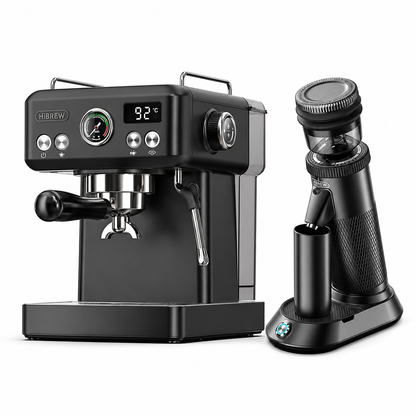 H10A black espresso machine with G5 BLACK grinder on a white background