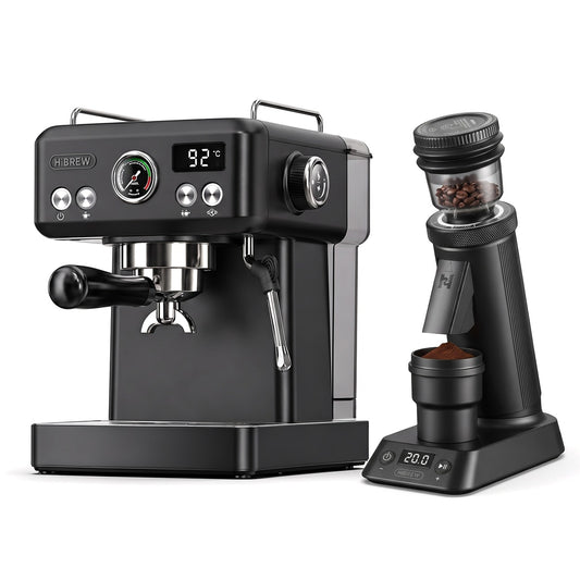 H10A black espresso machine with G5 Plus BLACK grinder on a white background