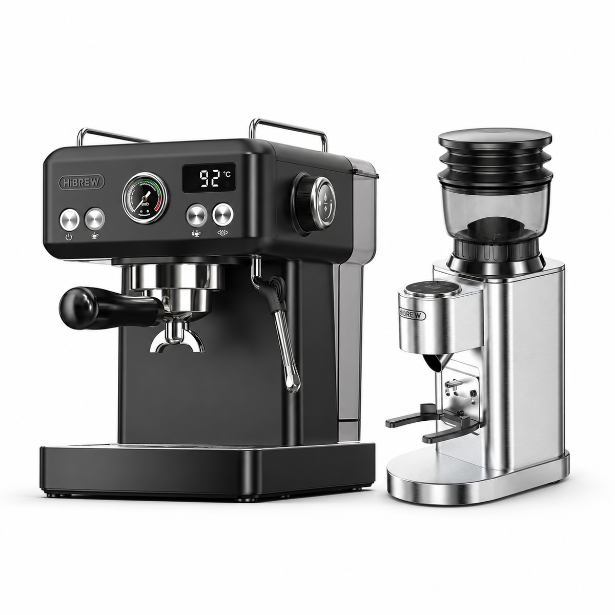 H10A black espresso machine with G7 SILVER grinder on a white background