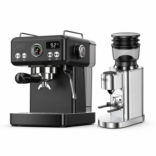 H10A black espresso machine with G7 SILVER grinder on a white background