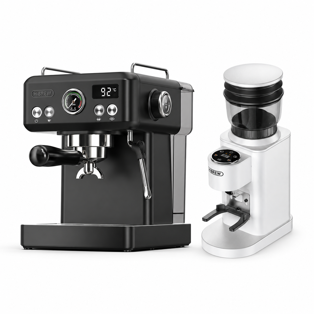 H10A black espresso machine with G7 WHITE grinder on a white background