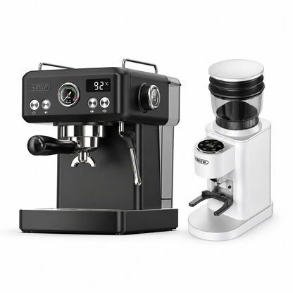 H10A black espresso machine with G7 WHITE grinder on a white background