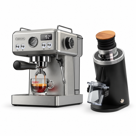 H10A stainless steel espresso machine with DF54 BLACK grinder on a white background