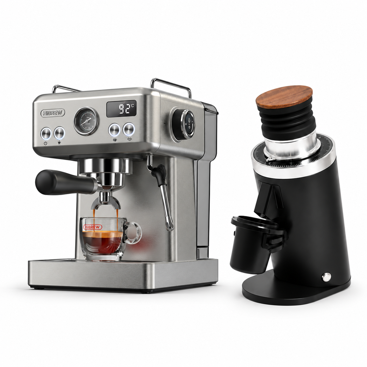 H10A stainless steel espresso machine with DF64 BLACK grinder on a white background