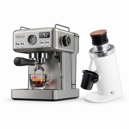 H10A stainless steel espresso machine with DF64 WHITE grinder on a white background