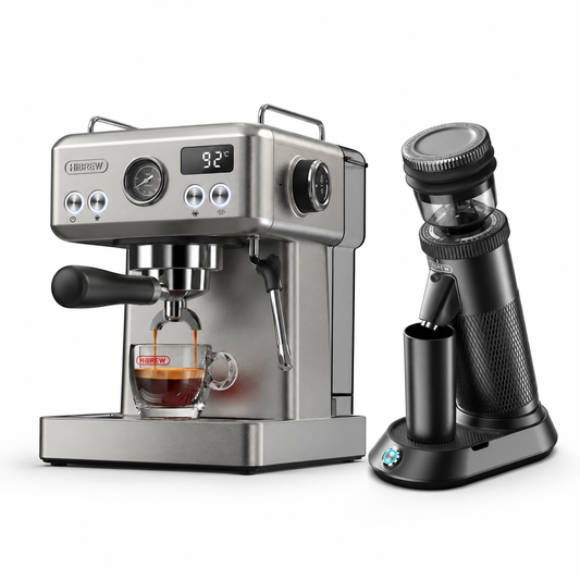 HiBREW H10A espresso machine in stainless steel with black G5 grinder on a white background