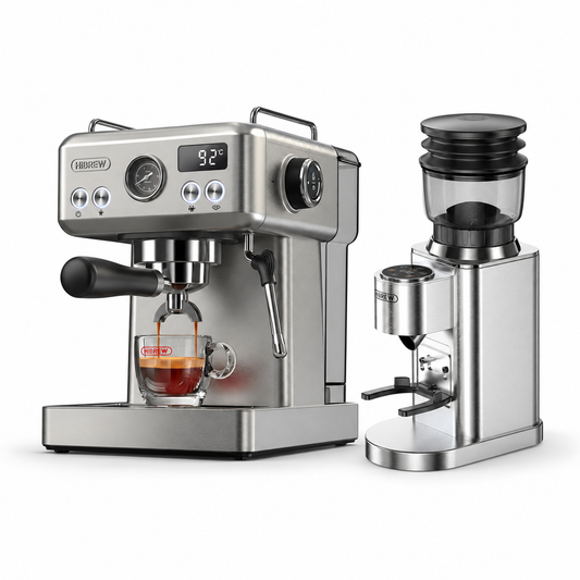 H10A stainless steel espresso machine with G7 SILVER grinder on a white background