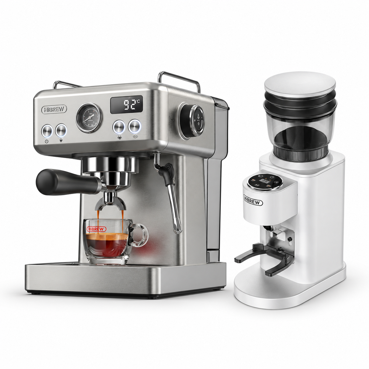 H10A stainless steel espresso machine with G7 WHITE grinder on a white background