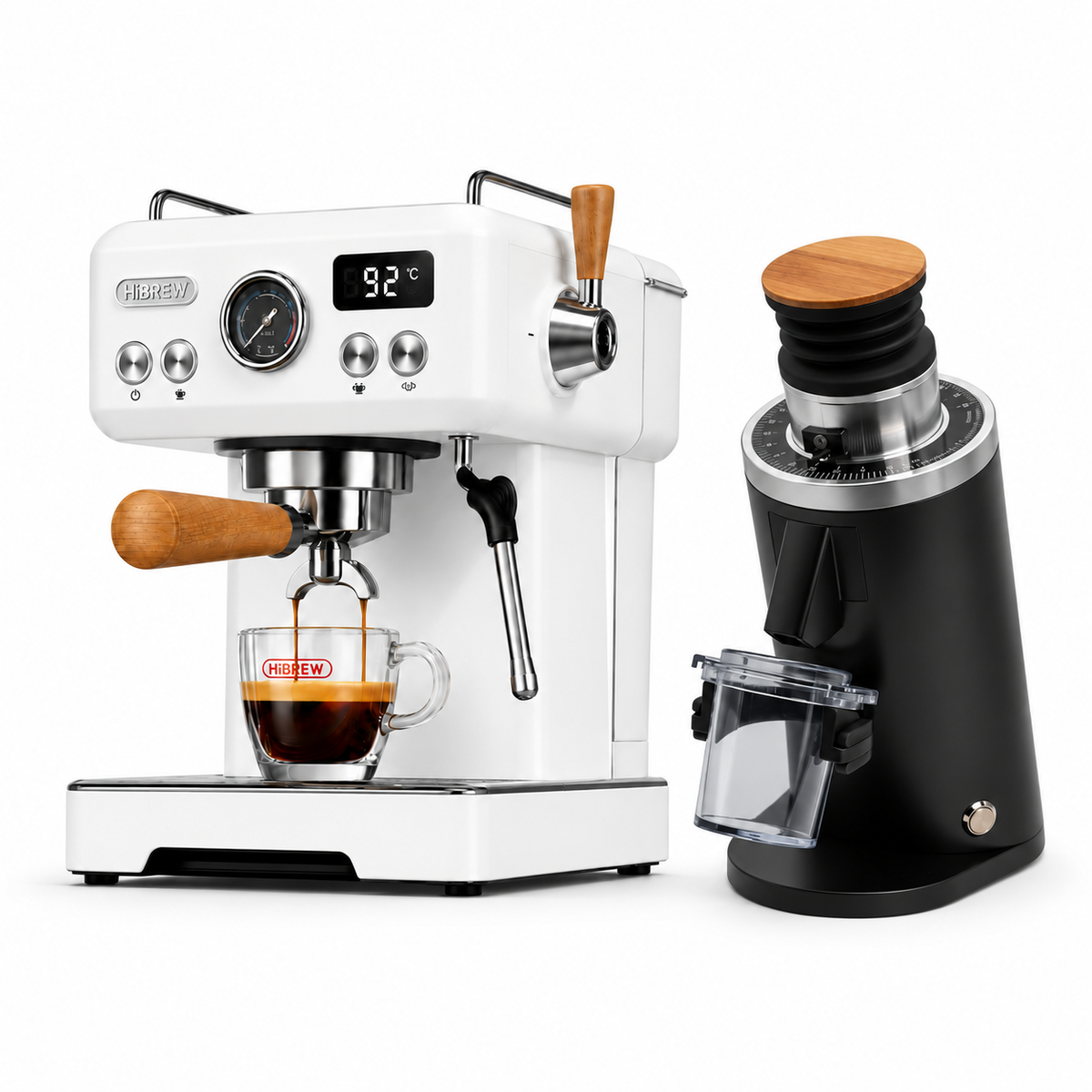 H10 Plus white espresso machine with DF54 BLACK grinder on a white background