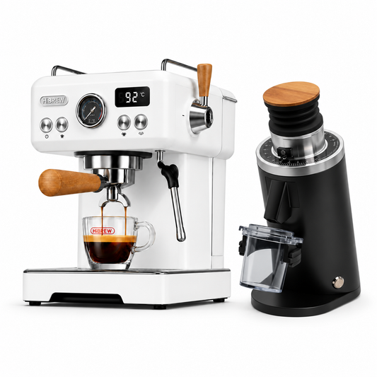 H10 Plus white espresso machine with DF54 BLACK grinder on a white background