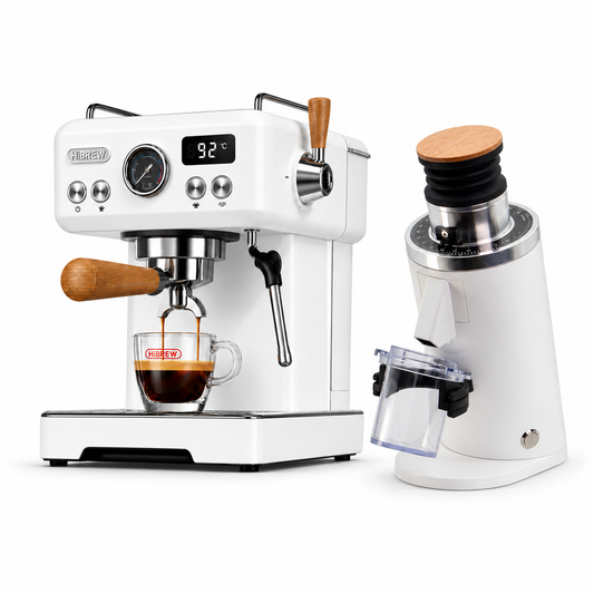 H10 Plus white espresso machine with DF54 WHITE grinder on a white background
