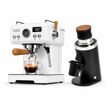 H10 Plus white espresso machine with DF64 BLACK grinder on a white background
