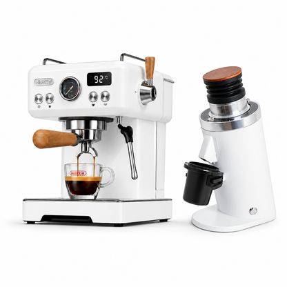 H10 Plus white espresso machine with DF64 WHITE grinder on a white background