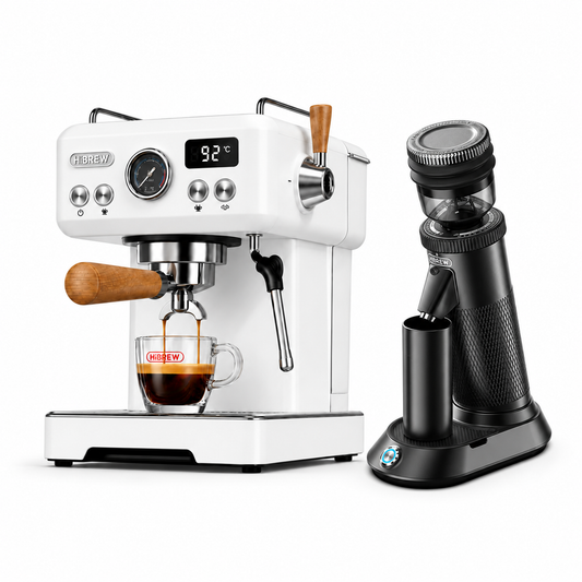 H10 Plus white espresso machine with G5 BLACK grinder on a white background