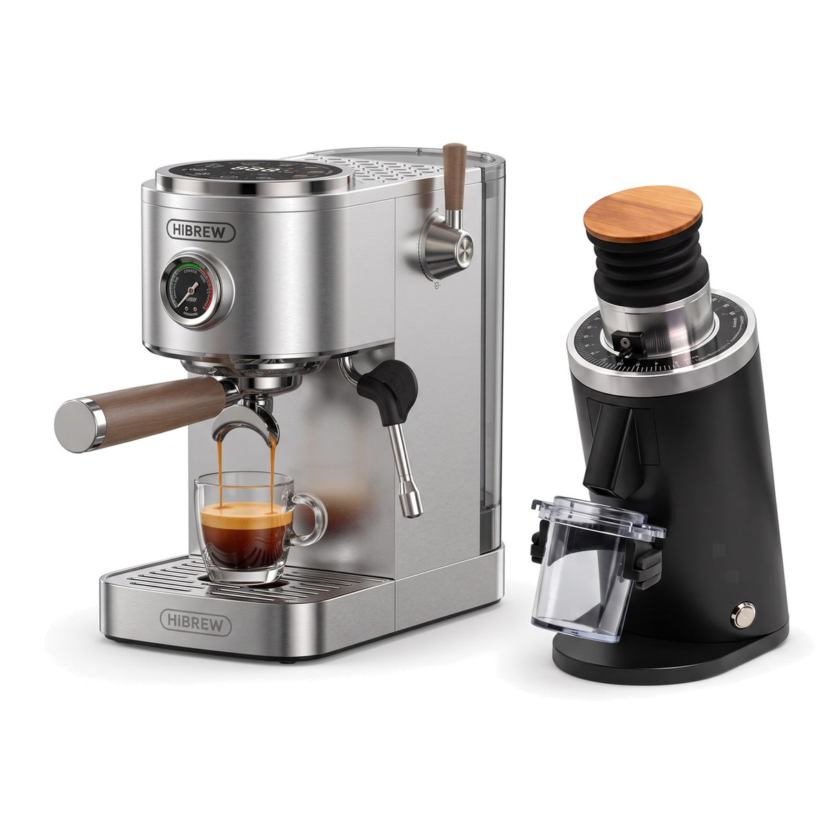 H13 stainless steel espresso machine with DF54 BLACK grinder on a white background