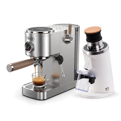 H13 stainless steel espresso machine with DF54 WHITE grinder on a white background