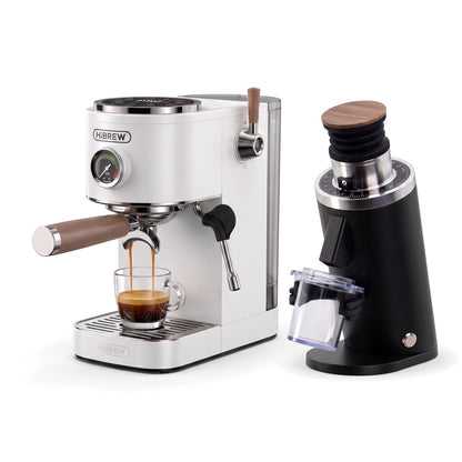 H13 white espresso machine with DF54 BLACK grinder on a white background