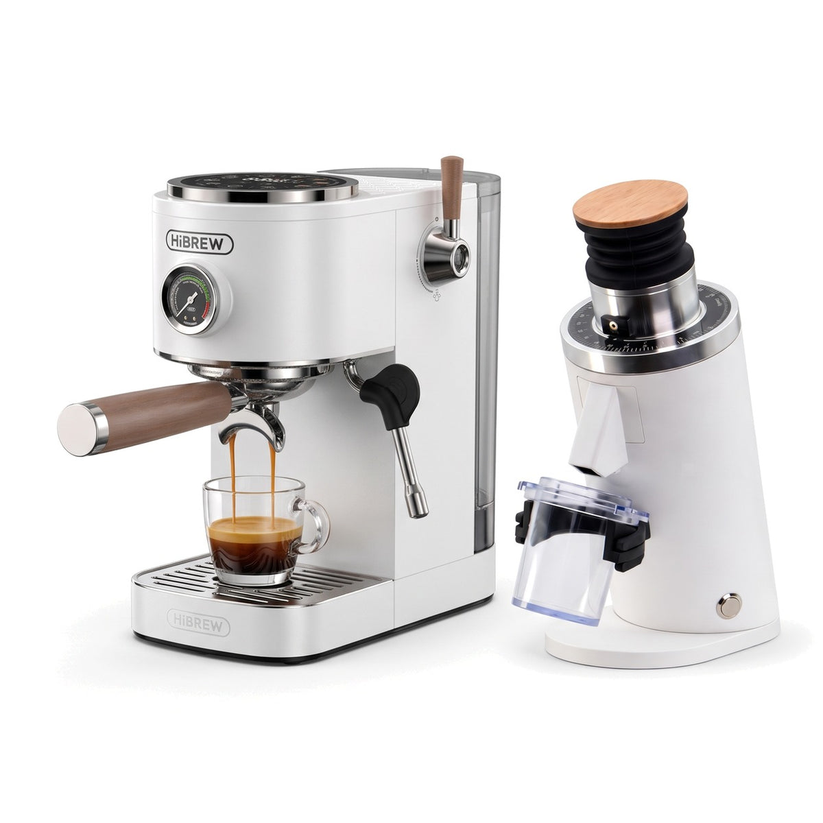 H13 white espresso machine with DF54 WHITE grinder on a white background