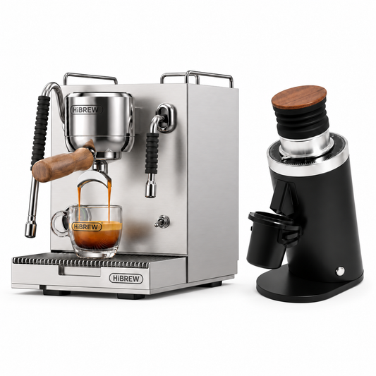 H21 stainless steel espresso machine with DF64 BLACK grinder on a white background