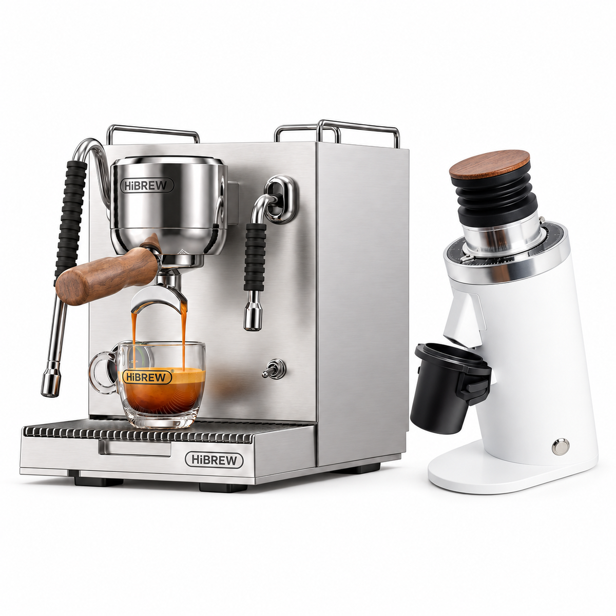 H21 stainless steel espresso machine with DF64 WHITE grinder on a white background