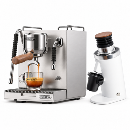 H21 stainless steel espresso machine with DF64 WHITE grinder on a white background