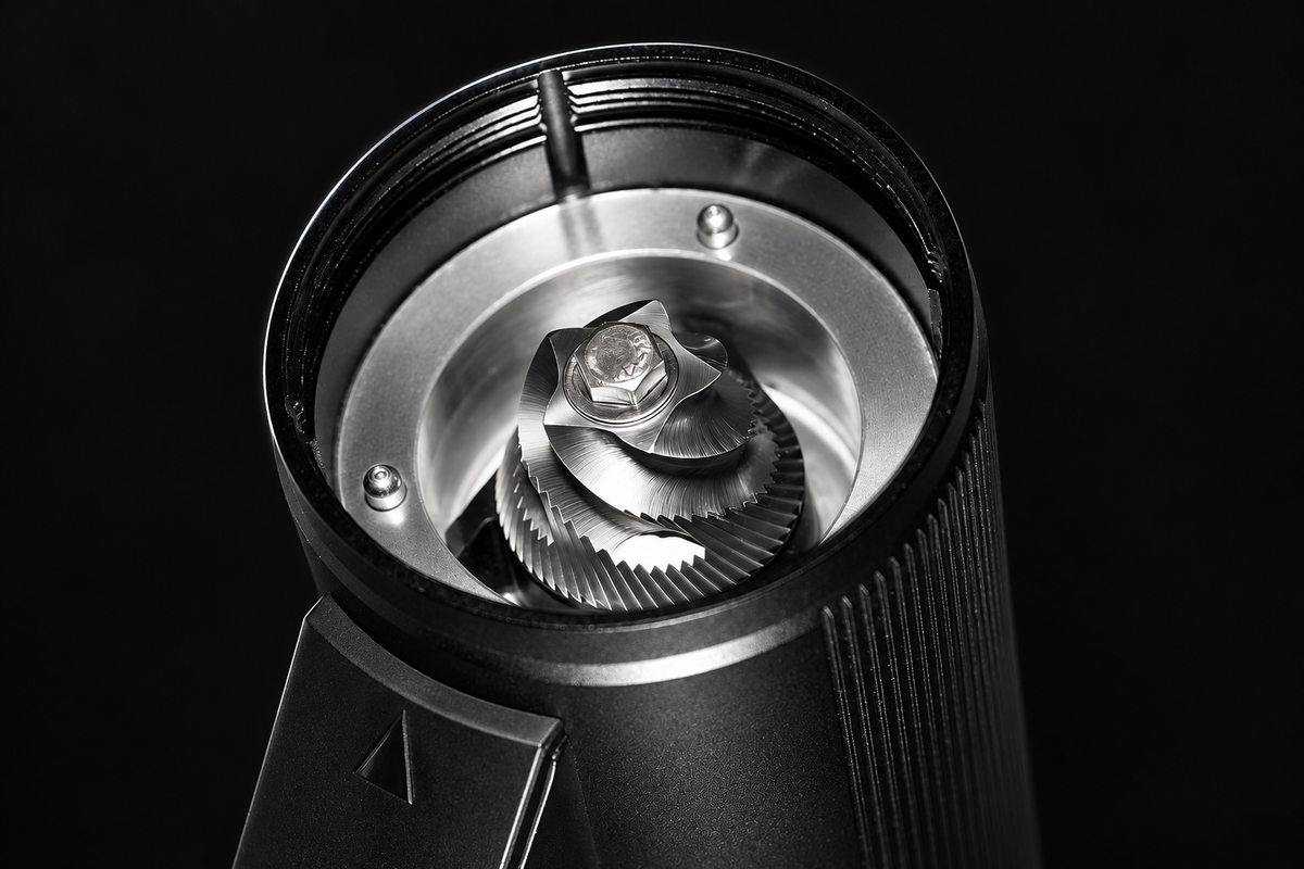 Actual G5 Plus conical burr chamber in a technical macro (reference render)