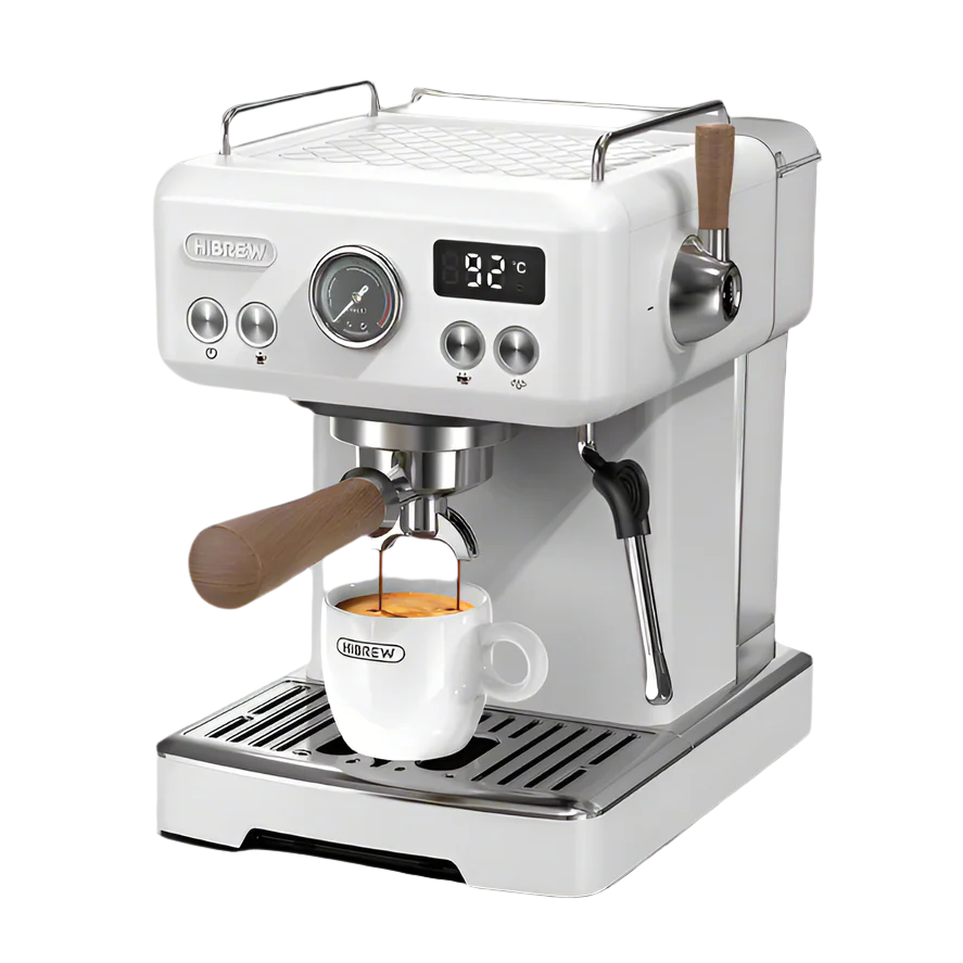 The HiBREW H10 Plus Espresso Coffee Machine, featuring temperature adjustment and a digital display at 92°C, expertly brews espresso. Its sleek white design with wood-accented handle and steam wand complements a white mug collecting the coffee.