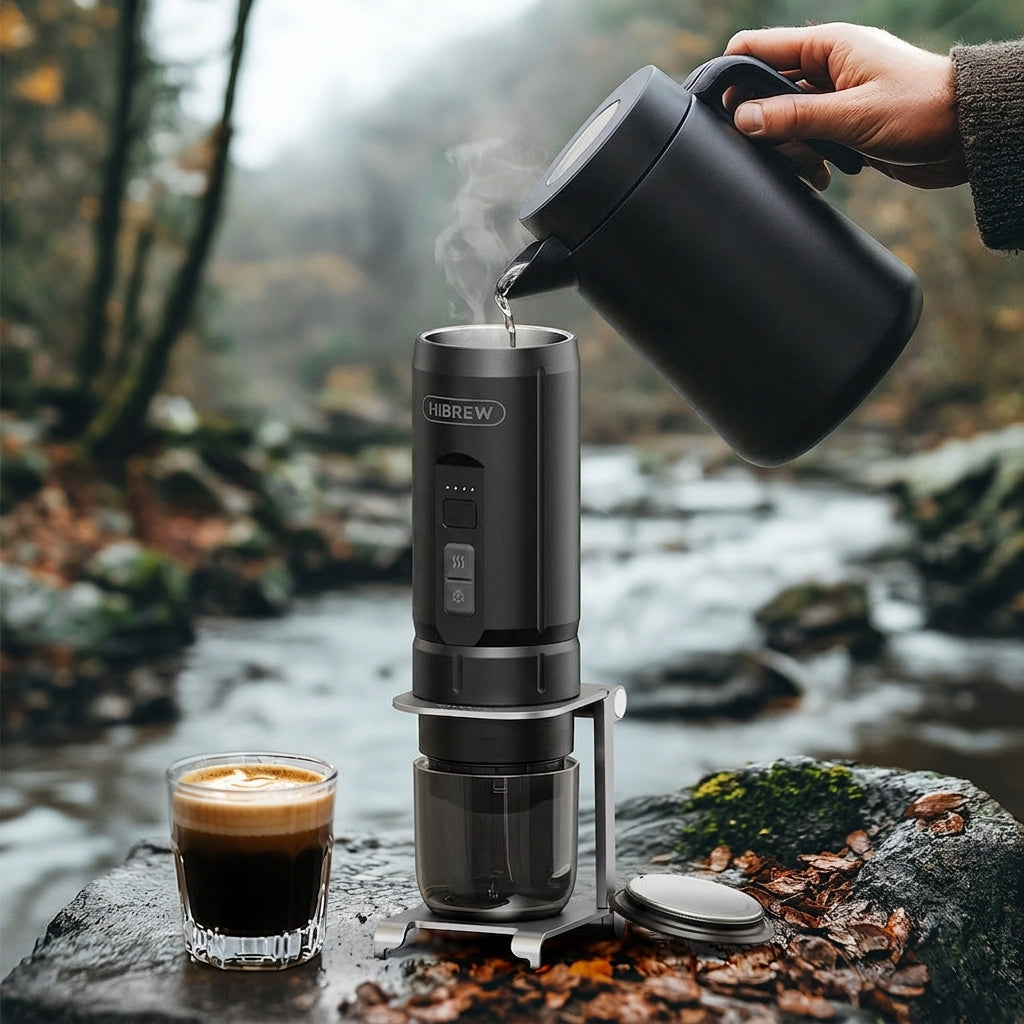 HiBREW H4C Barista Ultra — pouring hot water from kettle outdoors by a stream