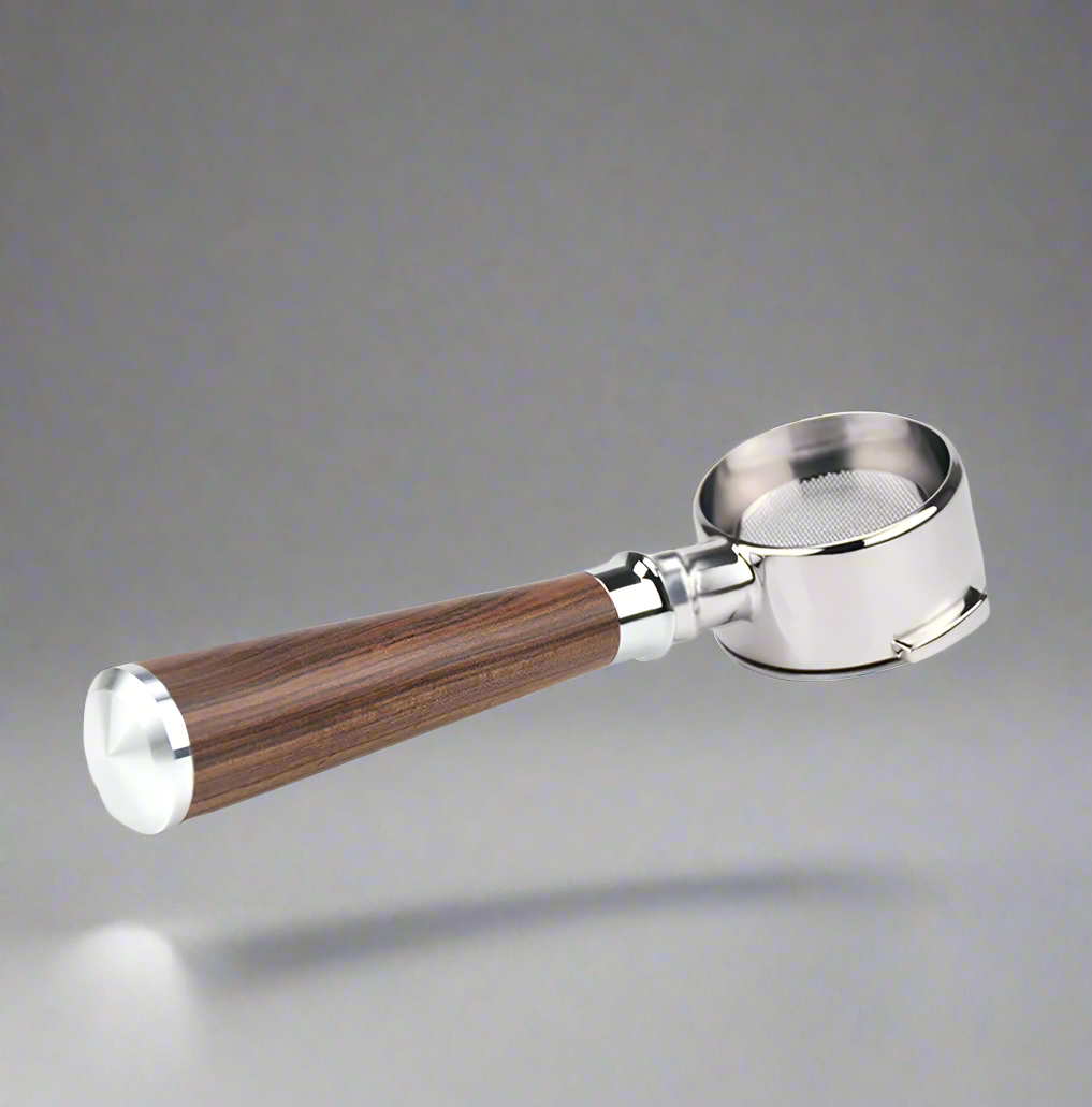 HiBREW bottomless portafilter with a wooden handle for espresso brewing.
