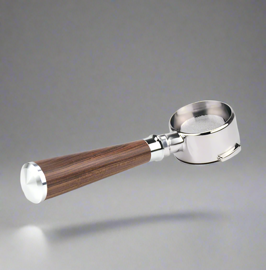 HiBREW bottomless portafilter with a wooden handle for espresso brewing.