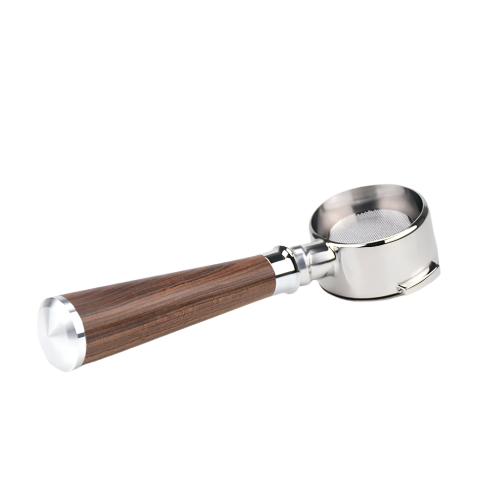 HiBREW bottomless portafilter with silver head and brown wood handle for espresso extraction.