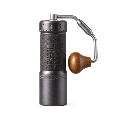 1Zpresso J-Ultra Iron Gray grinder with folded handle on a white background