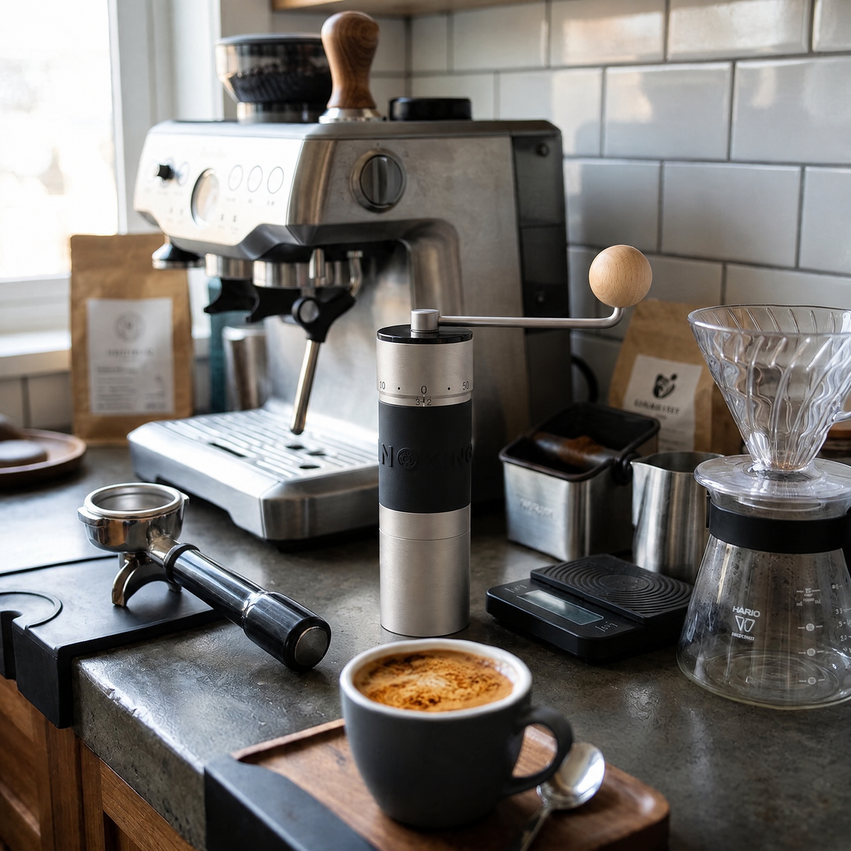 Silver KINGrinder K6 with pale wooden knob on a kitchen counter beside an espresso machine and pour-over brewer.