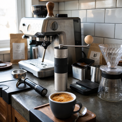 Silver KINGrinder K6 with pale wooden knob on a kitchen counter beside an espresso machine and pour-over brewer.
