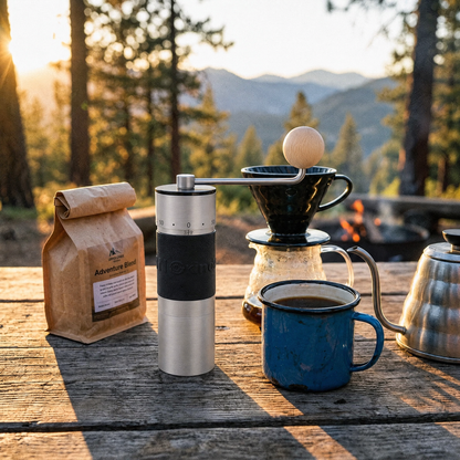 Silver KINGrinder K6 with black grip and pale wooden knob on an outdoor coffee table beside a pour-over brewer.