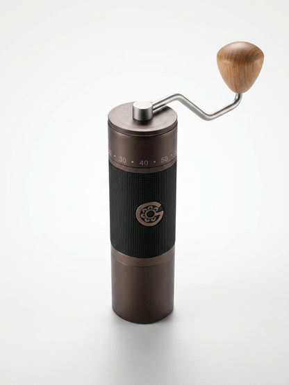 KINGrinder K7 hand grinder elevated angle showing 100-gear adjustment dial