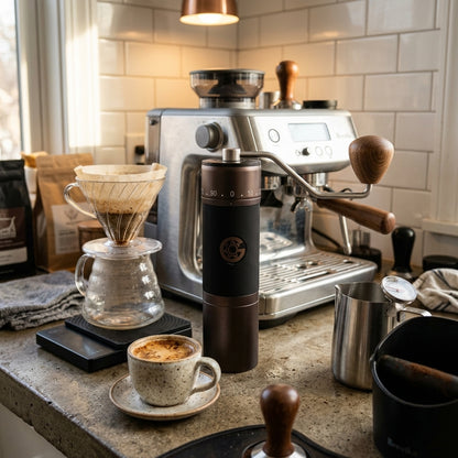 KINGrinder K7 grinder on kitchen counter with espresso machine and V60 pour-over setup
