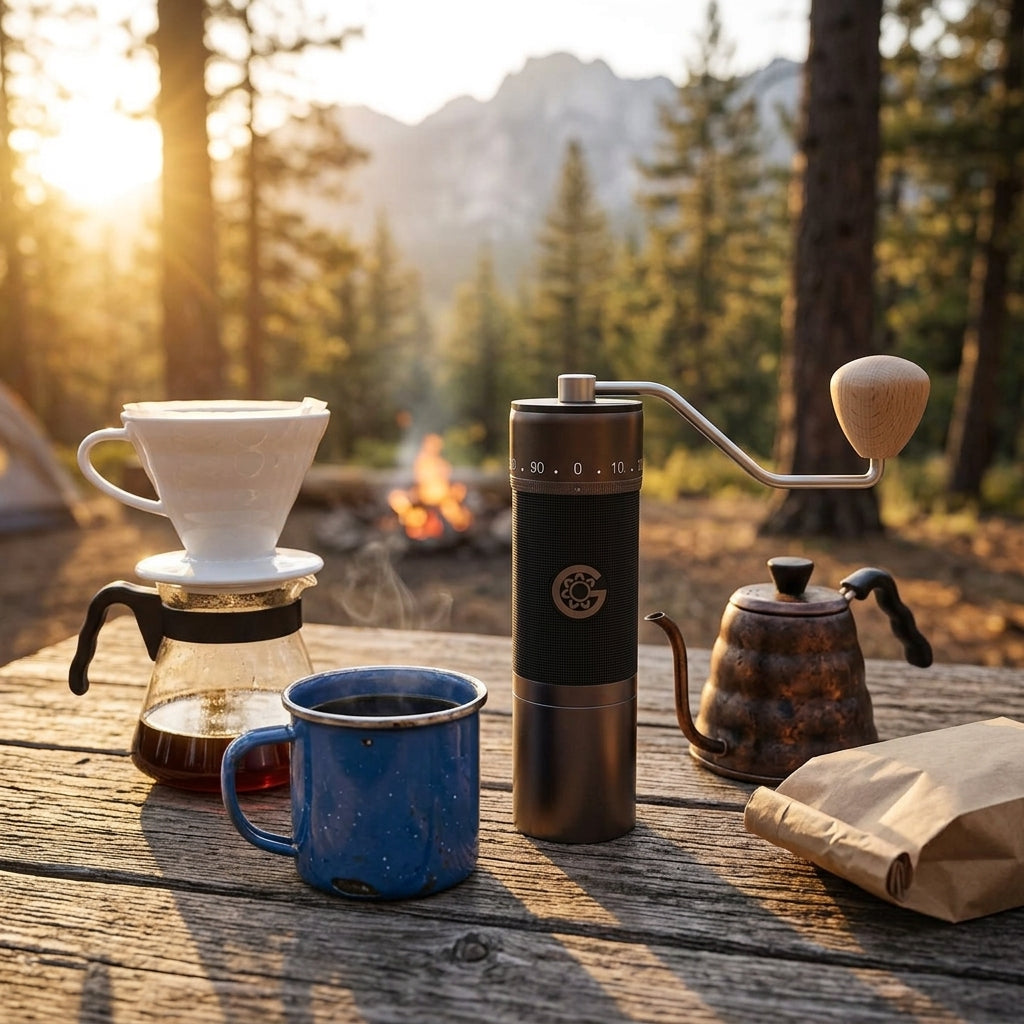 KINGrinder K7 manual grinder at outdoor campsite with pour-over coffee setup