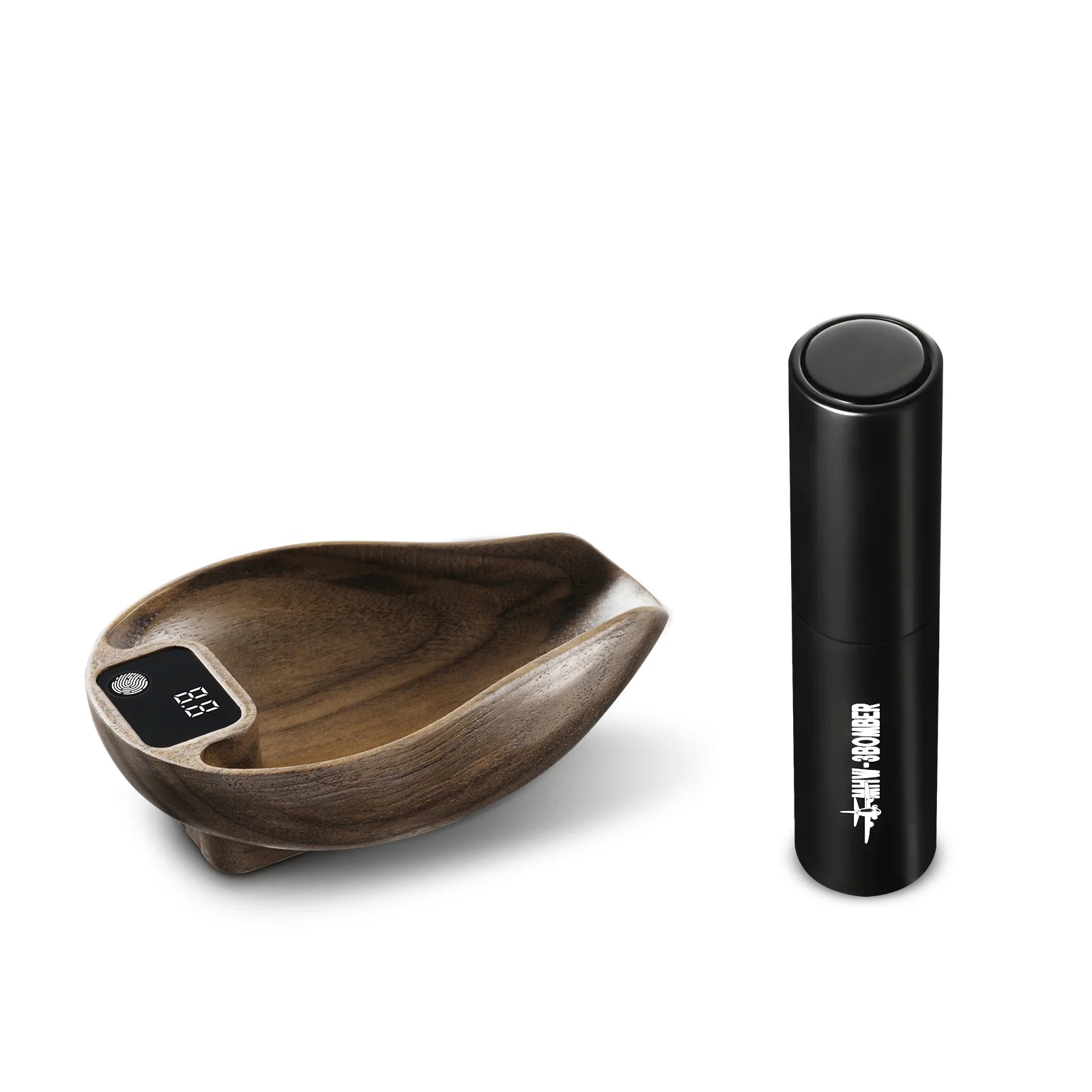 A black cylindrical device labeled MHW-3BOMBER stands next to a wooden bowl on a white background. The bowl, part of the MHW-3BOMBER Ovo Coffee Scale & Spray Bottle Set, features an embedded digital display showing 0.8.