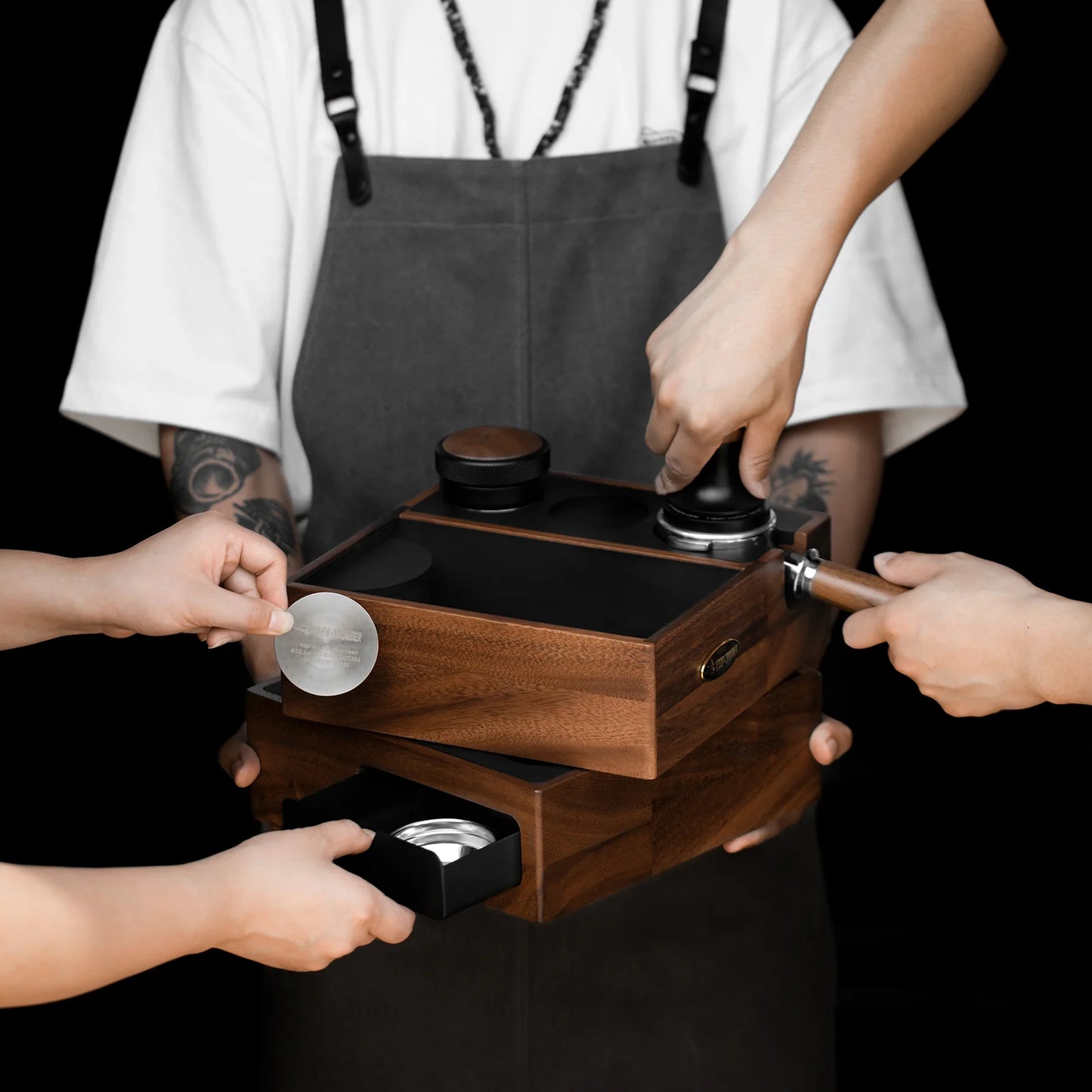 MHW-3BOMBER espresso knock box. Walnut wood, layered design with drawer. Coffee accessories. 