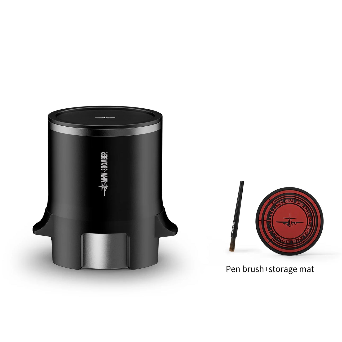 MHW-3BOMBER SE Pro Espresso Shaker Funnel with pen and storage mat. Black and silver color.