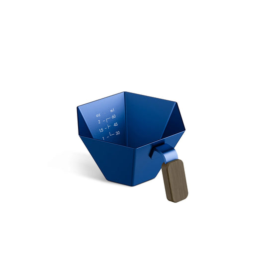 MHW-3BOMBER blue prism measuring cup with walnut handle. Marked with oz/ml scales for precise measurements.