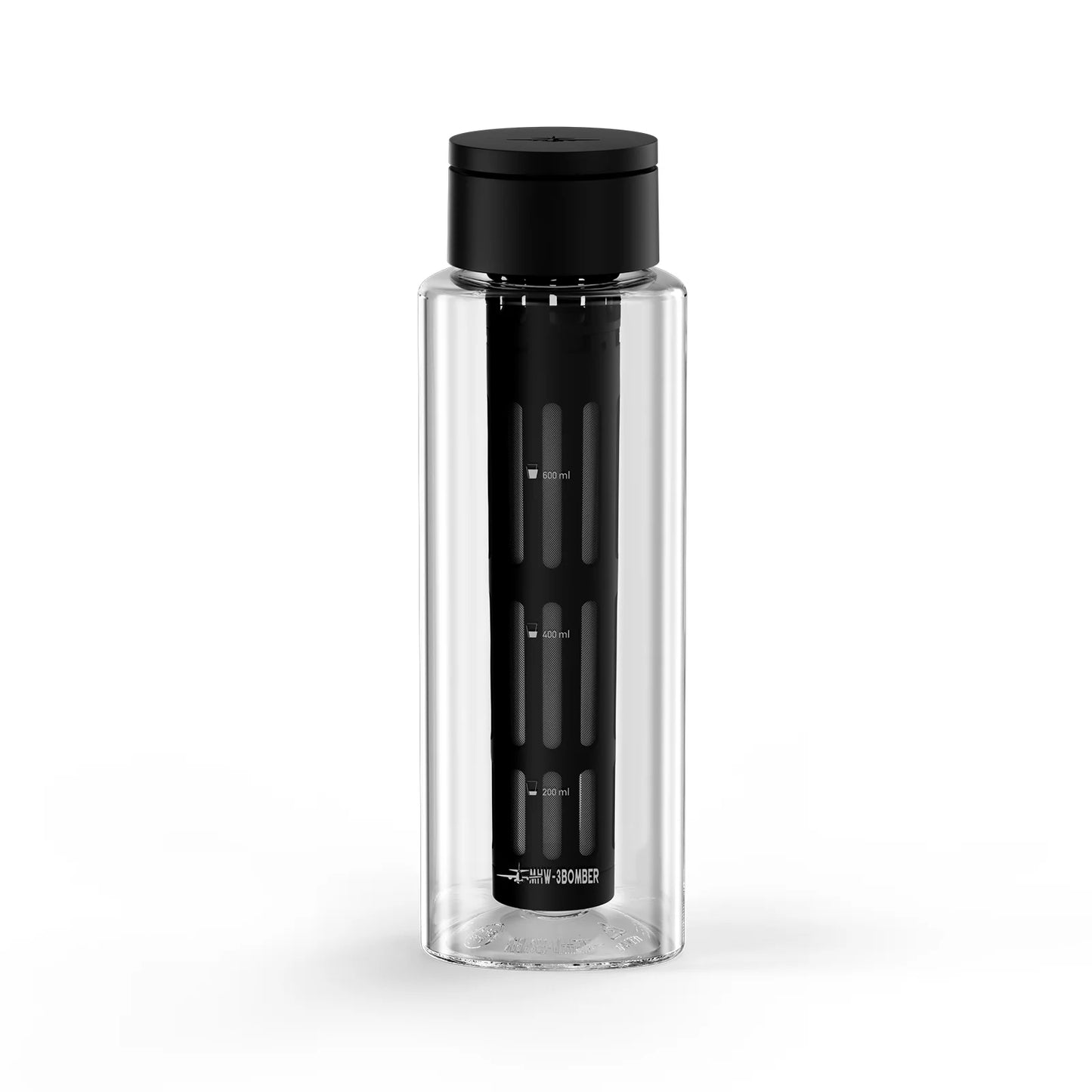 MHW-3BOMBER 600ml cold brew maker. Clear body, black accents. Featuring removable filter cartridge. Tritan material.