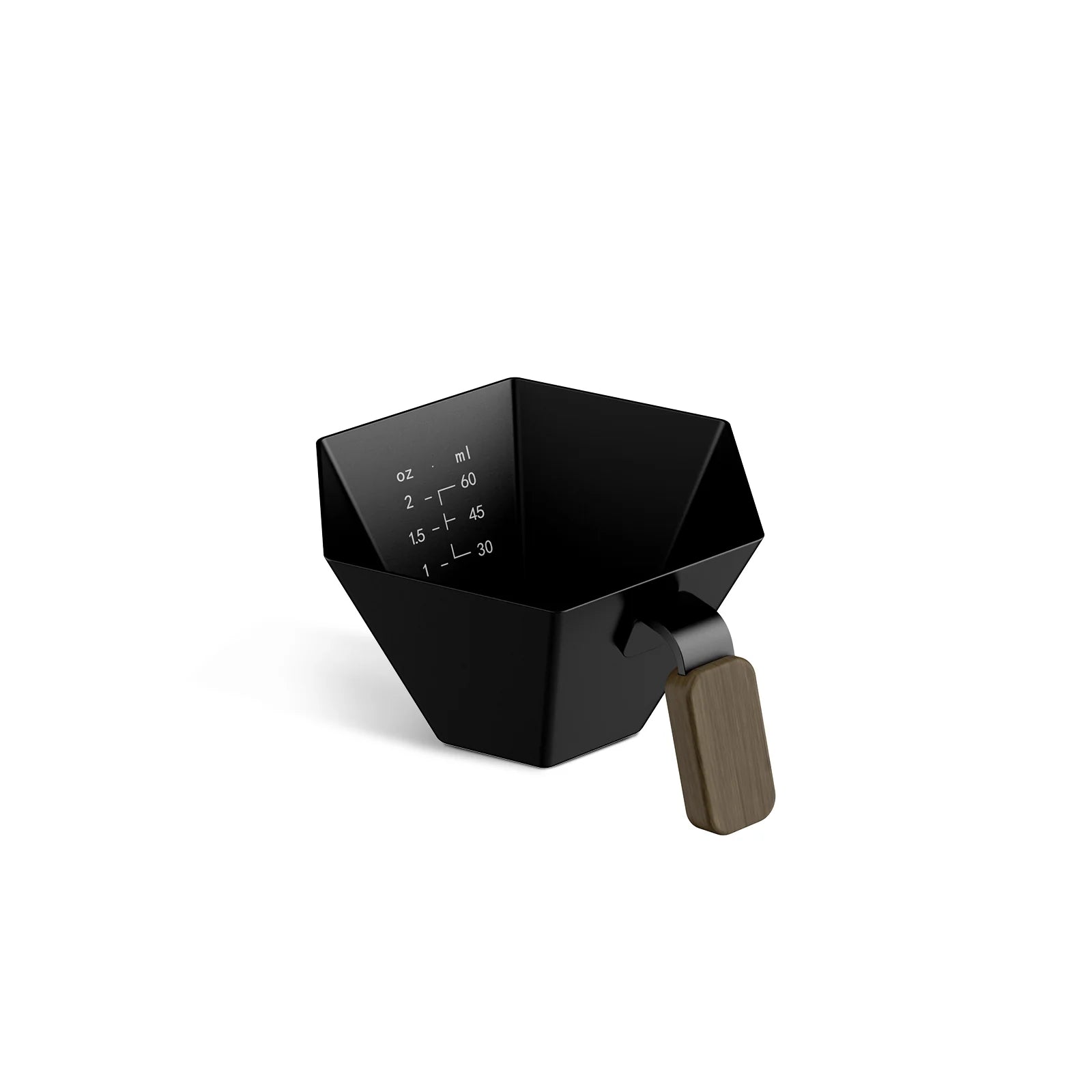 MHW-3BOMBER black prism measuring cup. Aluminum alloy with wood handle. Shows ounce/ml markings.