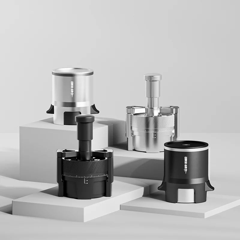 MHW-3BOMBER SE Pro Shaker Funnels in silver and black. Espresso dosing tools.