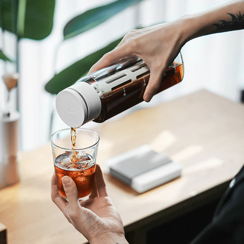 MHW-3BOMBER cold brew maker being poured. Clear bottle with white accents. 600ml capacity. Food-grade Tritan material.